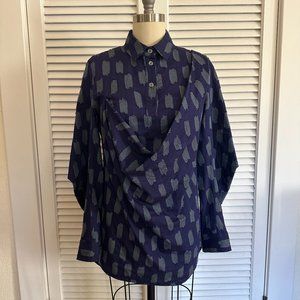 VIVIENNE WESTWOOD RED LABEL L/S BLOUSE. BLUE/GREY W ASYMMETRIC DRAPE. SIZE 40